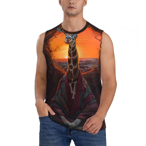 Pofeuu Tree Hollow Meditating Giraffe Print Men's Muscle T-Shirt, Sleeveless, Muscle Tank, Classic Muscle Tee Top For Men Casual Sleeveless Muscle T-Shirt Trendy Clothes-Large