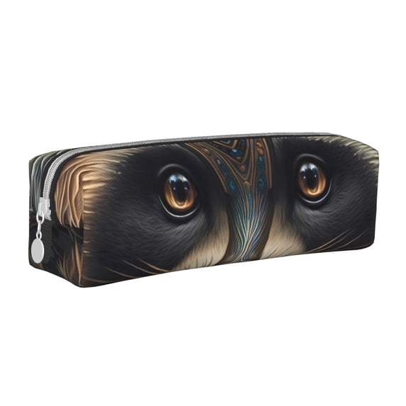 Pofeuu Tribal Style Raccoon Print Leather Pencil Case, Leather Pencil Pouch Large Capacity, Big Pencil Pouch with Zipper Vintage Pen Bag Fountain Pen Holder