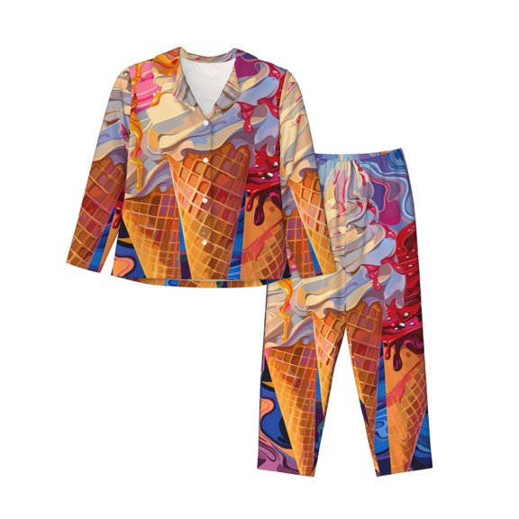Pofeuu Trio Of Dripping Cones Print Womens Pajamas Set Long Sleeve Sleepwear Button Down Nightwear Soft Pj Lounge Sets Button Down Pajamas Women-Large