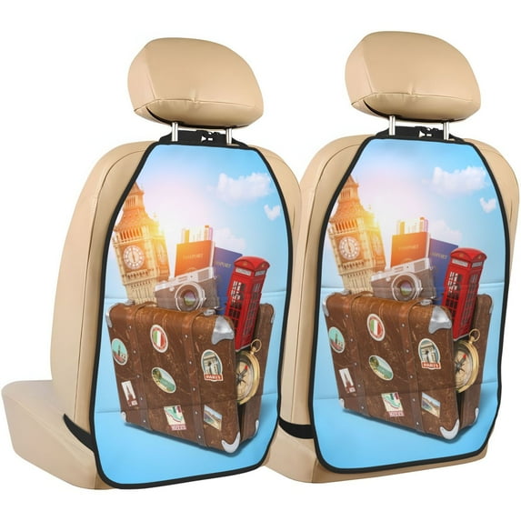 Pofeuu Trip to London Print 2 Pack PU Leather Kick Mat Back Seat Protector, Universal Car Seat Back Organizer, Waterproof Backseat Protector For Most Car