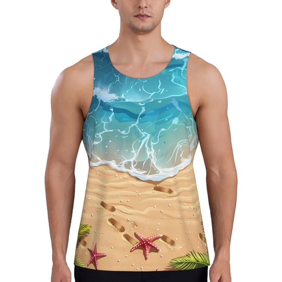 Pofeuu Tropical Beach With Starfish Print Men's Workout Tank Tops Sleeveless Muscle Gym Shirt Quick Dry-Medium