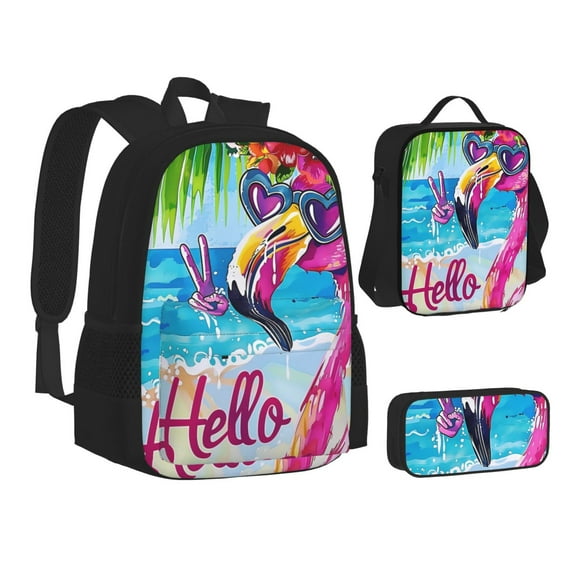 Pofeuu Tropical Flamingo Summer Print Backpack Travel Backpacks With Lunch Bag Pencil Bag Set 3 pcs Set Cartoon Backpack
