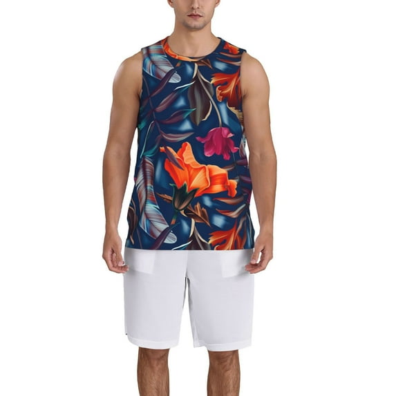 Pofeuu Tropical Flower Print Basketball Jersey, Shirts for Men Youth Basketball Jersey Crew Neck-Large