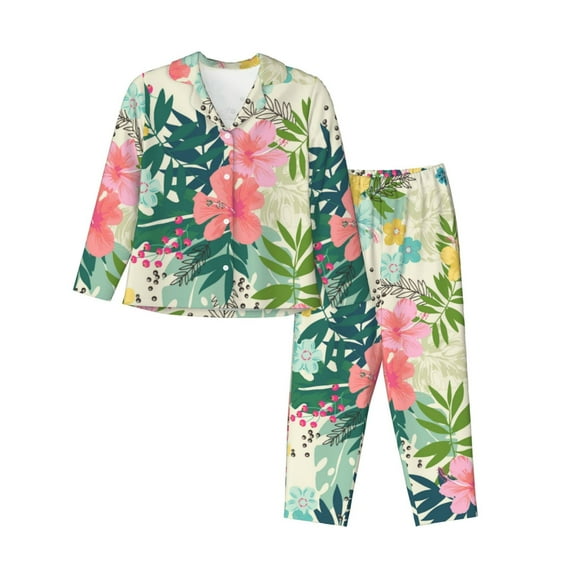 Pofeuu Tropical Flowers Print Womens Pajamas Set Long Sleeve Sleepwear Button Down Nightwear Soft Pj Lounge Sets Button Down Pajamas Women-Medium