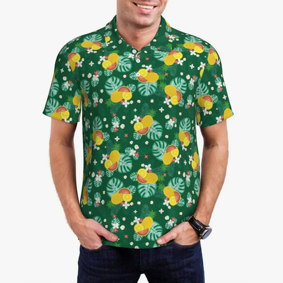 Pofeuu Tropical Fruit Print Men's Loose Fit Midweight Short-Sleeve Pocket Polo-Small