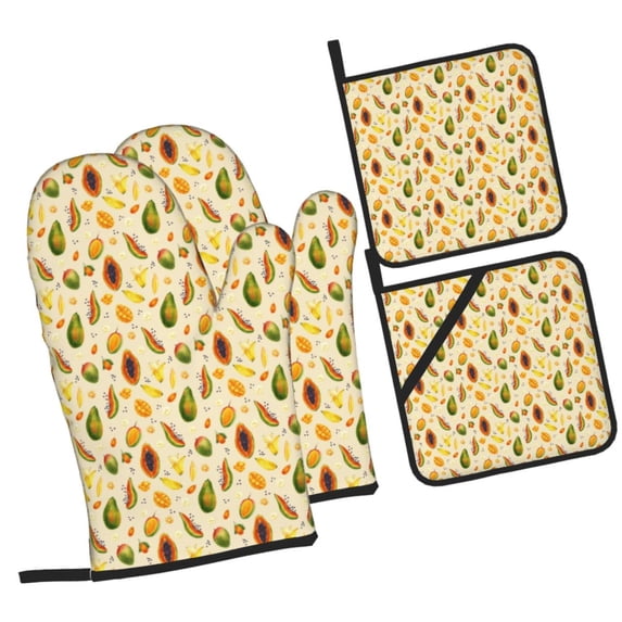 Pofeuu Tropical Fruits Print Oven Mitts and Pot Holders 4 pcs Set,High Heat Resistant 500 Degree Extra Thicken Long Kitchen Cotton Oven Glove for Cooking