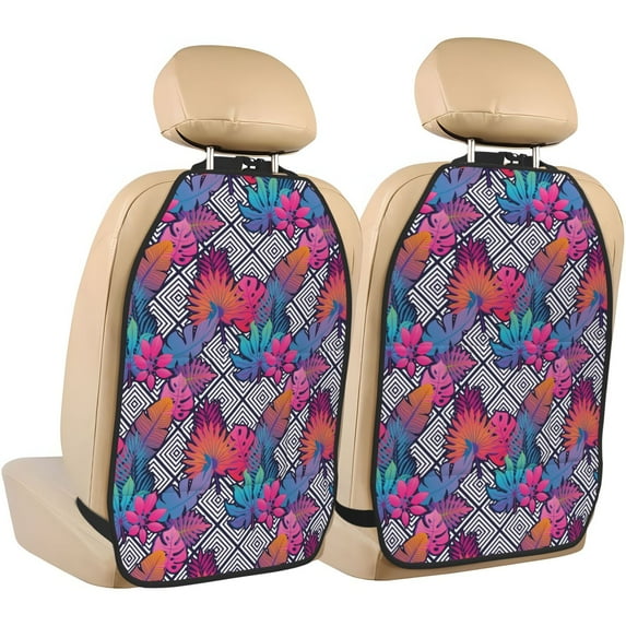 Pofeuu Tropical Leaves Print 2 Pack PU Leather Kick Mat Back Seat Protector, Universal Car Seat Back Organizer, Waterproof Backseat Protector For Most Car