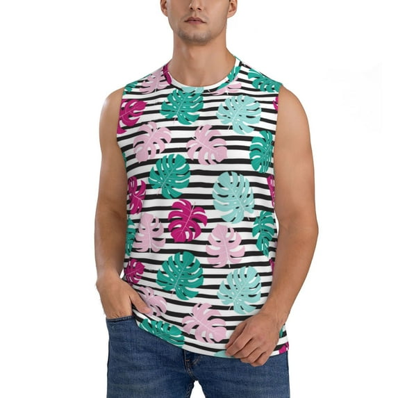 Pofeuu Tropical Leaves Print Men's Muscle T-Shirt, Sleeveless, Muscle Tank, Classic Muscle Tee Top For Men Casual Sleeveless Muscle T-Shirt Trendy Clothes-Small