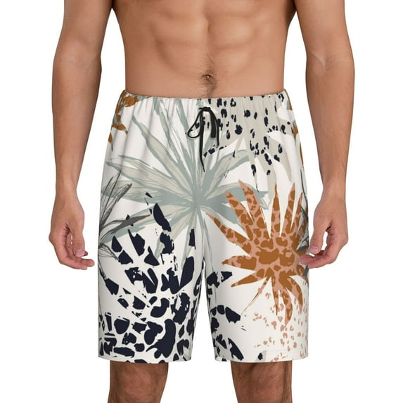 Pofeuu Tropical Leaves Print Men's Soft Woven Elastic Waistband Sleep Pajama Short-XX-Large