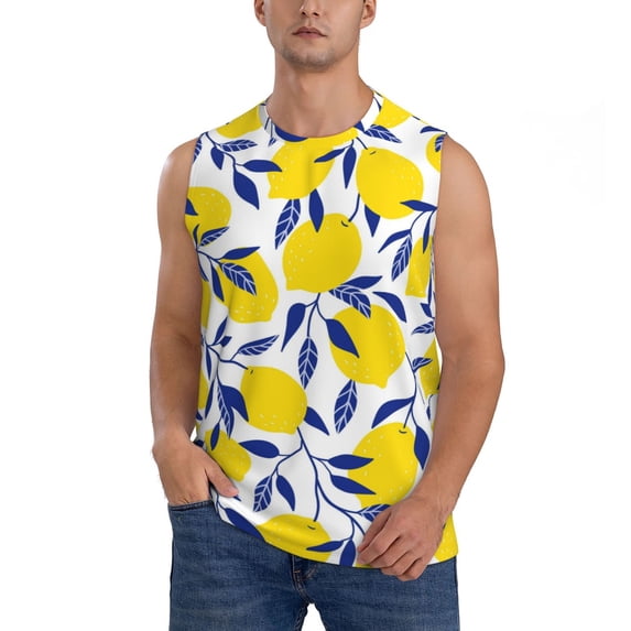 Pofeuu Tropical Lemon Print Men's Muscle T-Shirt, Sleeveless, Muscle Tank, Classic Muscle Tee Top For Men Casual Sleeveless Muscle T-Shirt Trendy Clothes-Small