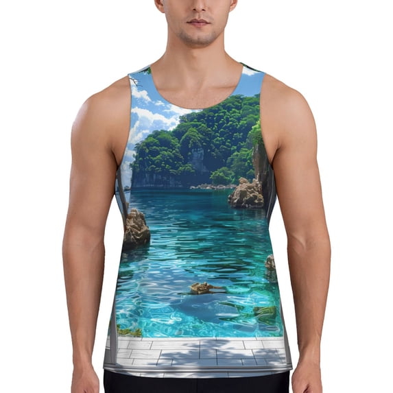 Pofeuu Tropical Paradise Window View Print Men's Workout Tank Tops Sleeveless Muscle Gym Shirt Quick Dry-Large