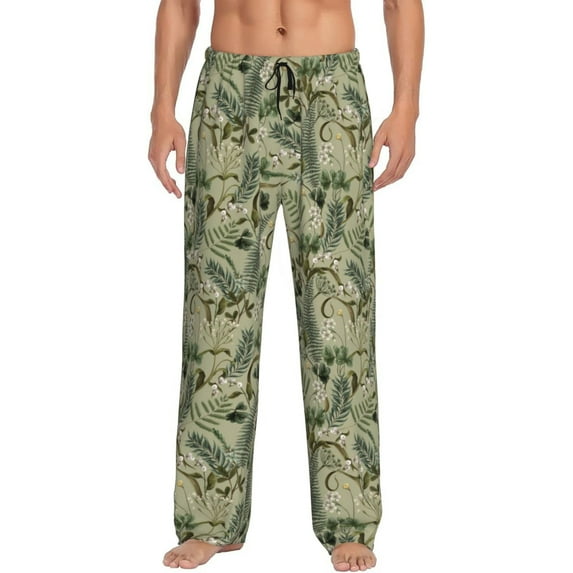 Pofeuu Tropical Plants Green Print Men's Pajama Pants, Soft Lounge Pajama Pants with big pockets for Men Plaid Pj Bottoms-Medium