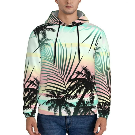 Pofeuu Tropical Summer Palm Print Mens Casual Hooded Collar Drawstring Hoodies Pullover Sweatshirts Casual Long Sleeve Shirts-Small