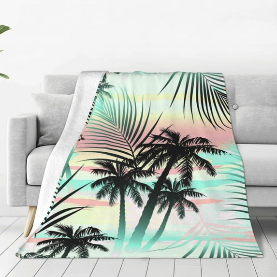 Pofeuu Tropical Summer Palm Print Ultra-Soft Micro Fleece Blanket,for Bed Or Sofa,All Season Throw Blankets Flannel Blanket-50"x40"