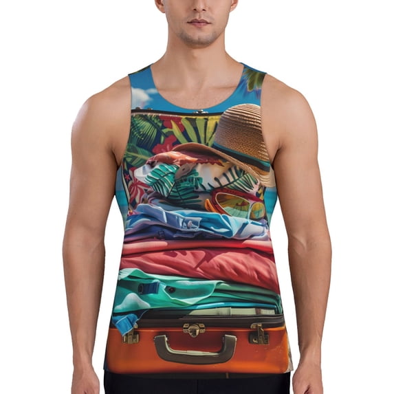Pofeuu Tropical Vacation Essentials Print Men's Workout Tank Tops Sleeveless Muscle Gym Shirt Quick Dry-