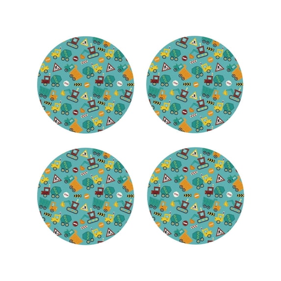 Pofeuu Trucks And Excavators Print Coasters for Drinks, 4Pack PU Leather Coasters, Bar Drink Coasters for Tabletop Protection, Furniture from Damage-Round Shape