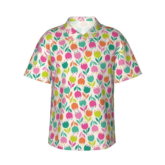 Pofeuu Tulips Flowers Print Hawaiian Shirt for Men Sleeves Casual Button Down Summer Beach Dress Shirts T-Shirts,XX-Large
