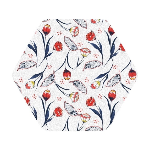 Pofeuu Tulips Flowers Print Leather Coasters Set of 6, Round Cups Mugs Mat Pad for Home Kitchen Heat Resistant Drink Coasters,Hexagon