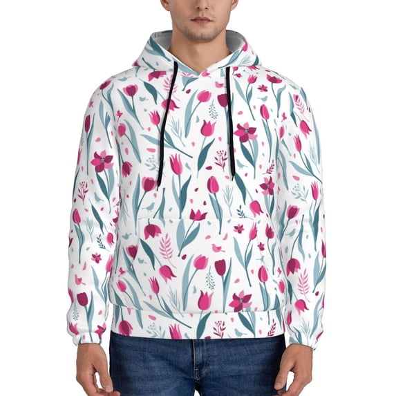 Pofeuu Tulips Flowers Print Mens Casual Hooded Collar Drawstring Hoodies Pullover Sweatshirts Casual Long Sleeve Shirts-3X-Large