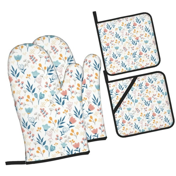 Pofeuu Tulips Flowers Print Oven Mitts and Pot Holders 4 pcs Set,High Heat Resistant 500 Degree Extra Thicken Long Kitchen Cotton Oven Glove for Cooking