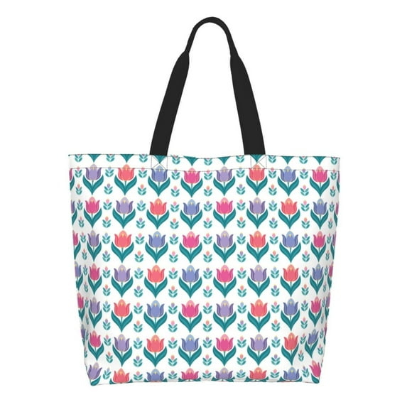 Pofeuu Tulips Flowers Print Reusable Grocery Bags - Washable, Foldable, Packable Tote, Large Handles, Heavy Duty, Zippered Top Pouch