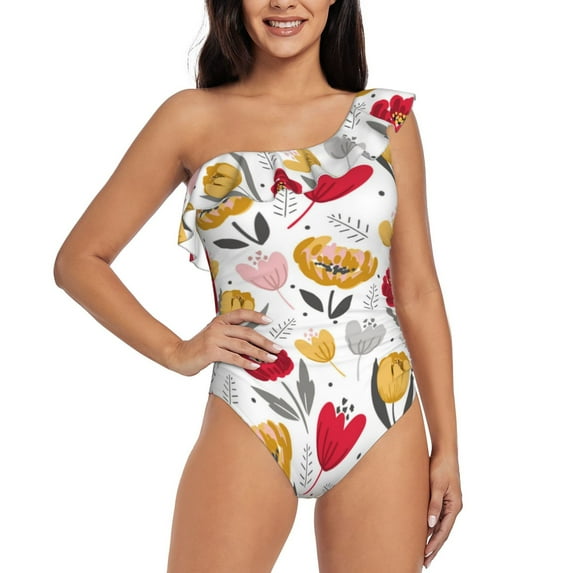 Pofeuu Tulips Flowers Print Women's One Piece Swimsuits One Shoulder Swimwear Asymmetric Ruffle Monokinis Bathing Suits-XX-Large