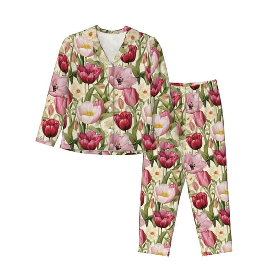 Pofeuu Tulips Flowers Print Womens Pajamas Set Long Sleeve Sleepwear Button Down Nightwear Soft Pj Lounge Sets Button Down Pajamas Women-Medium