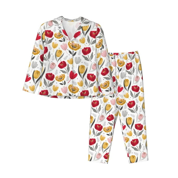 Pofeuu Tulips Flowers Print Womens Pajamas Set Long Sleeve Sleepwear Button Down Nightwear Soft Pj Lounge Sets Button Down Pajamas Women-