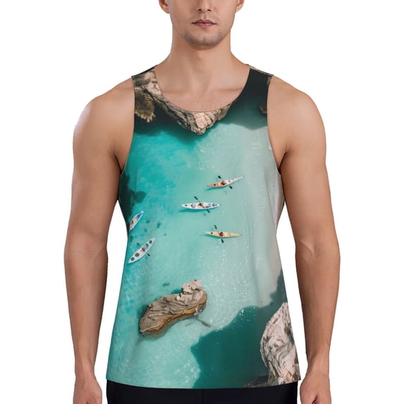 Pofeuu Turquoise Beach Kayaking Print Men's Workout Tank Tops Sleeveless Muscle Gym Shirt Quick Dry-XX-Large