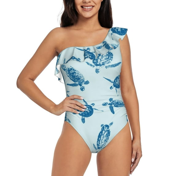 Pofeuu Turtle Print Women's One Piece Swimsuits One Shoulder Swimwear Asymmetric Ruffle Monokinis Bathing Suits-Medium