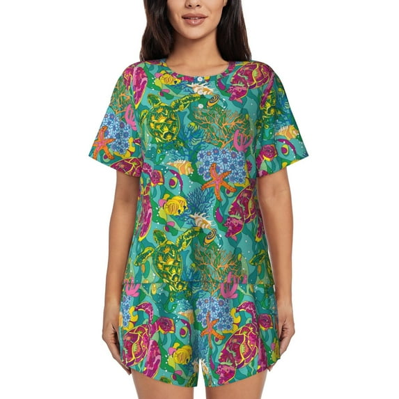 Pofeuu Turtles Print Women's Pajama Set Short/Shorts Soft Button PJs Elastic Drawstring Waist Sleepwear-4X-Large