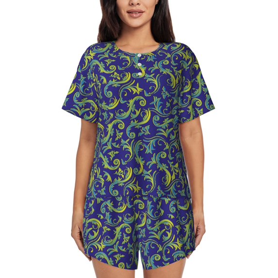 Pofeuu Uncaria Flower Print Women's Pajama Set Short/Shorts Soft Button PJs Elastic Drawstring Waist Sleepwear-Large