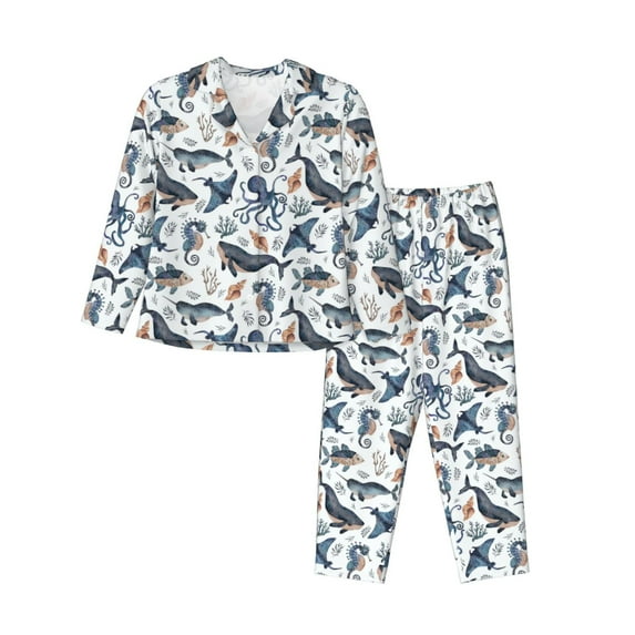 Pofeuu Underwater Animals 1 Print Womens Pajamas Set Long Sleeve Sleepwear Button Down Nightwear Soft Pj Lounge Sets Button Down Pajamas Women-Large