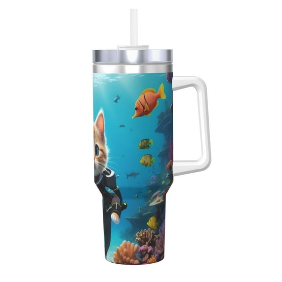 Pofeuu Underwater Diving Cat Print 40oz Ice Bully With Handle And Straw Stainless Steel Vacuum Insulated Cup And 2 In 1 Straw Lid