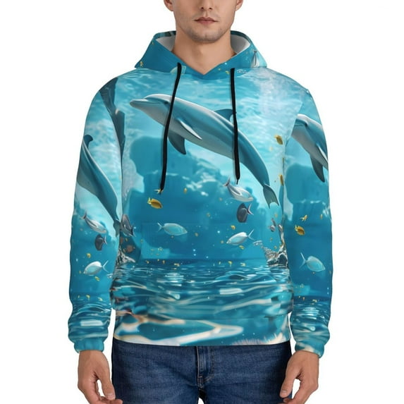 Pofeuu Underwater Dolphin Scene Print Mens Casual Hooded Collar Drawstring Hoodies Pullover Sweatshirts Casual Long Sleeve Shirts-Large