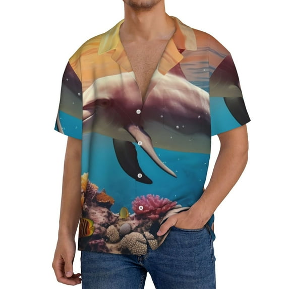 Pofeuu Underwater Plant Dolphin Print Mens Casual Short Sleeve Shirts Beach Summer Spread Collar Pocket Tops Men's Casual Short-sleeved Shirt-Medium