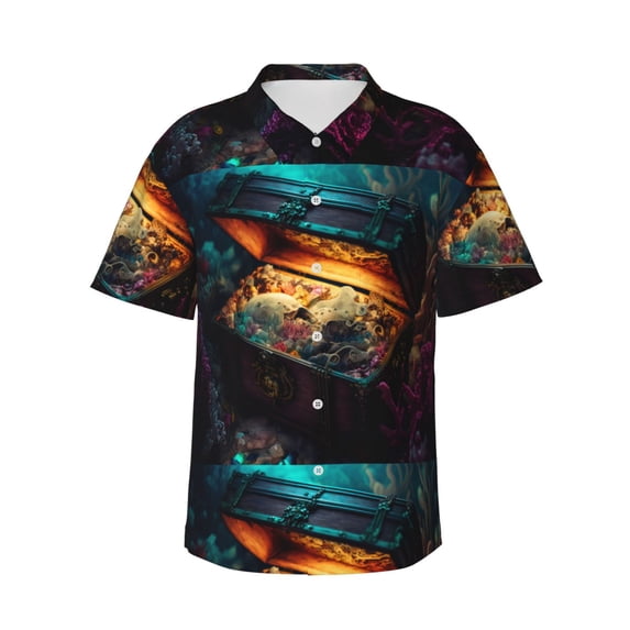 Pofeuu Underwater Treasure Chest Print Hawaiian Shirt for Men Sleeves Casual Button Down Summer Beach Dress Shirts T-Shirts,Medium