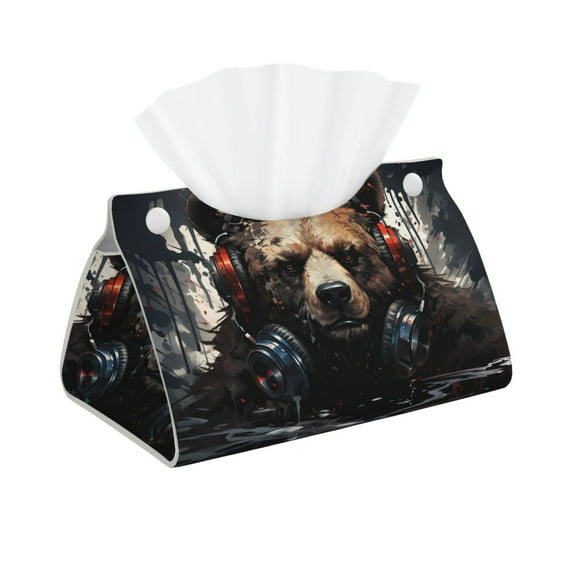 Pofeuu Urban Bear With Headphones Print Tissue Box Cover, Modern Decorative PU Leather Rectangular Tissue Box Case Organizer Holder for Vanity Countertop, Night Stands, Livingroom