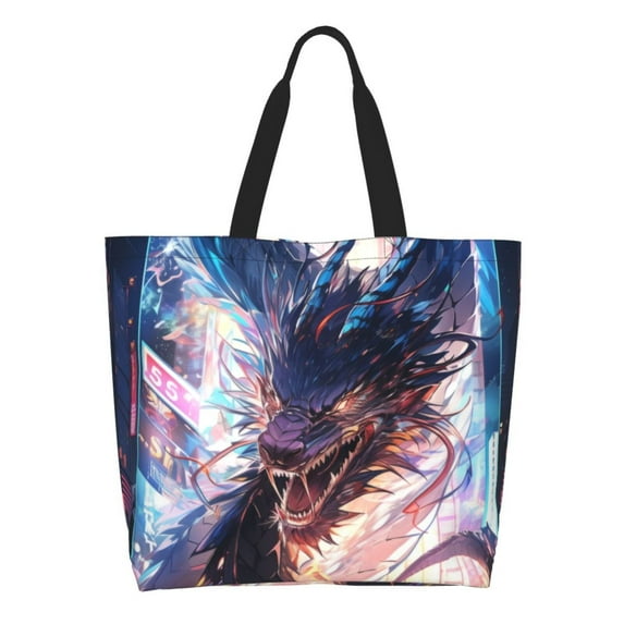 Pofeuu Urban Style Colorful Dragon Print Reusable Grocery Bags - Washable, Foldable, Packable Tote, Large Handles, Heavy Duty, Zippered Top Pouch