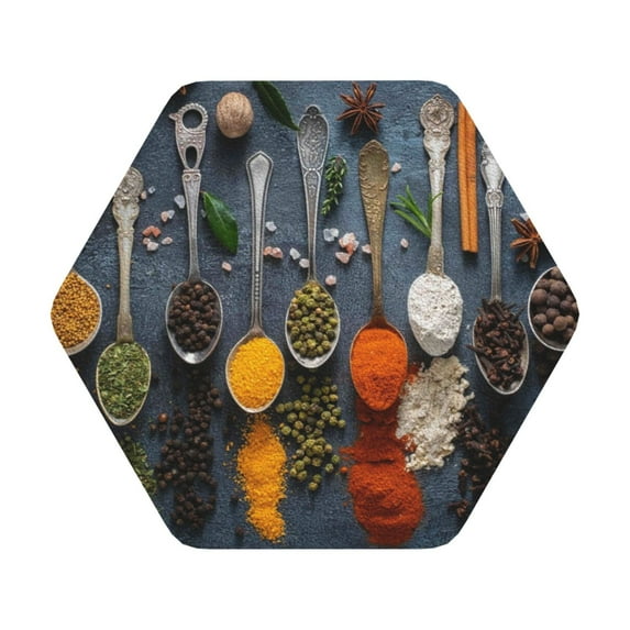 Pofeuu Various Herbs And Spices In Spoons Print Leather Coasters Set of 6, Round Cups Mugs Mat Pad for Home Kitchen Heat Resistant Drink Coasters,Hexagon