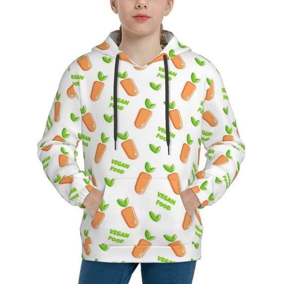 Pofeuu Vegan Fruit Carrot Print Kids Pullover Hoodies Warm Thick Hooded Sweatshirt with Packet for Boys Girls-Large