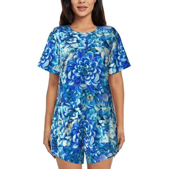 Pofeuu Vibrant Blue Floral Print Women's Pajama Set Short/Shorts Soft Button PJs Elastic Drawstring Waist Sleepwear-Small