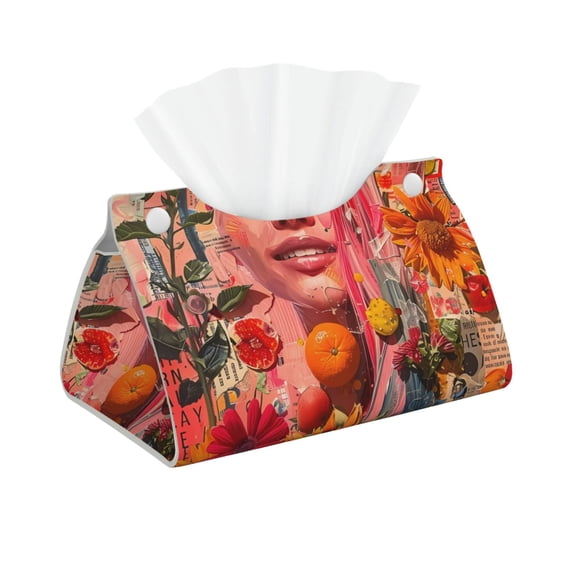 Pofeuu Vibrant Floral Collage Portrait Print Tissue Box Cover, Modern Decorative PU Leather Rectangular Tissue Box Case Organizer Holder for Vanity Countertop, Night Stands, Livingroom