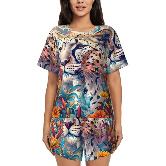 Pofeuu Vibrant Leopard In Flowers Print Women's Pajama Set Short/Shorts Soft Button PJs Elastic Drawstring Waist Sleepwear-3X-Large