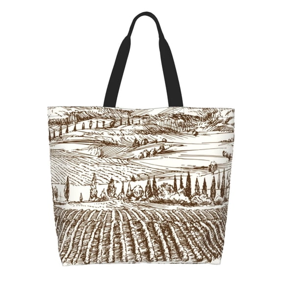 Pofeuu Vineyard Landscape 1 Print Reusable Grocery Bags - Washable, Foldable, Packable Tote, Large Handles, Heavy Duty, Zippered Top Pouch