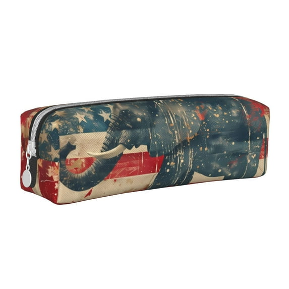 Pofeuu Vintage American Flag Elephant Print Leather Pencil Case, Leather Pencil Pouch Large Capacity, Big Pencil Pouch with Zipper Vintage Pen Bag Fountain Pen Holder