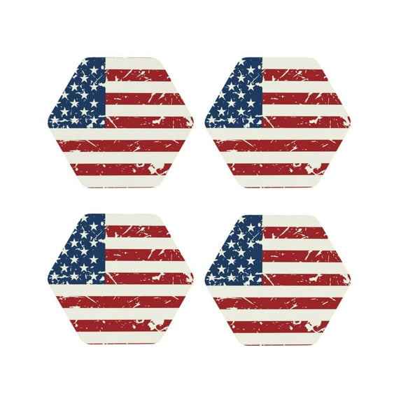 Pofeuu Vintage American Flag Print Coasters for Drinks, 4Pack PU Leather Coasters, Bar Drink Coasters for Tabletop Protection, Furniture from Damage-Hexagon