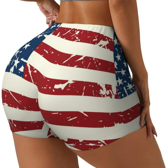 Pofeuu Vintage American Flag Print Workout Shorts for Women Scrunch Butt Lifting High Waisted Yoga Gym Seamless Booty Biker Shorts-Large