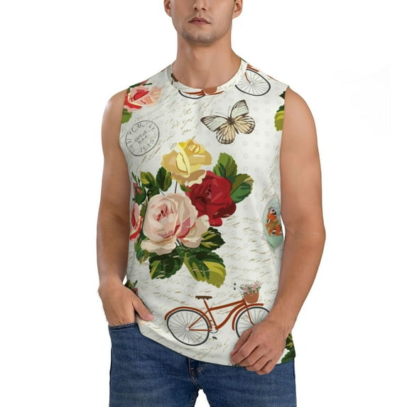 Pofeuu Vintage Bike Flower Butterfly Print Men's Muscle T-Shirt, Sleeveless, Muscle Tank, Classic Muscle Tee Top For Men Casual Sleeveless Muscle T-Shirt Trendy Clothes-3X-Large