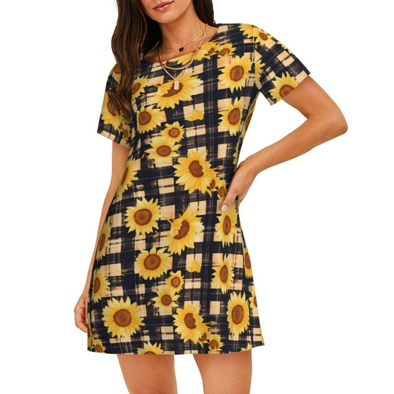 Pofeuu Vintage Black White Plaid Sunflowe Print Women's Loose Fit Short Sleeve Nightgown, Comfortable Sleep Dress for Women, Casual Lounge Sleepwear, Soft Cotton Sleep Dress